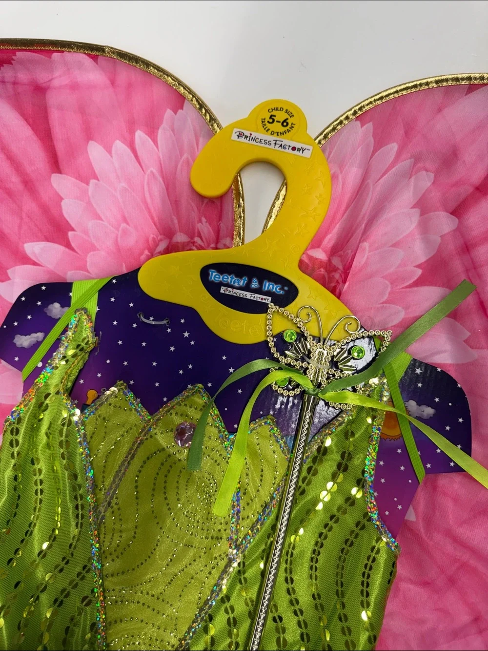 NEW Princess Factory Green Princess Fairy Girls Costume with Pink Wings Size 5-6
